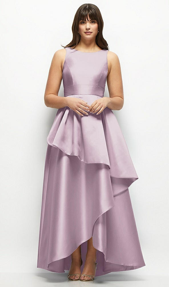 Front View - Suede Rose Satin Maxi Dress with Asymmetrical Layered Ballgown Skirt