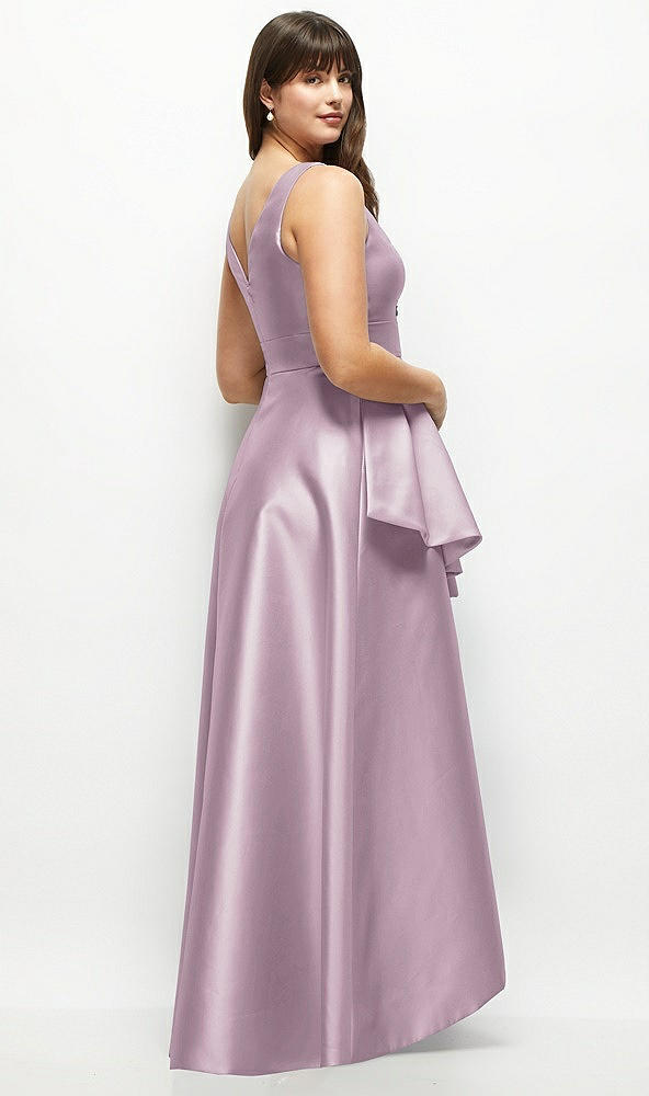 Back View - Suede Rose Satin Maxi Dress with Asymmetrical Layered Ballgown Skirt