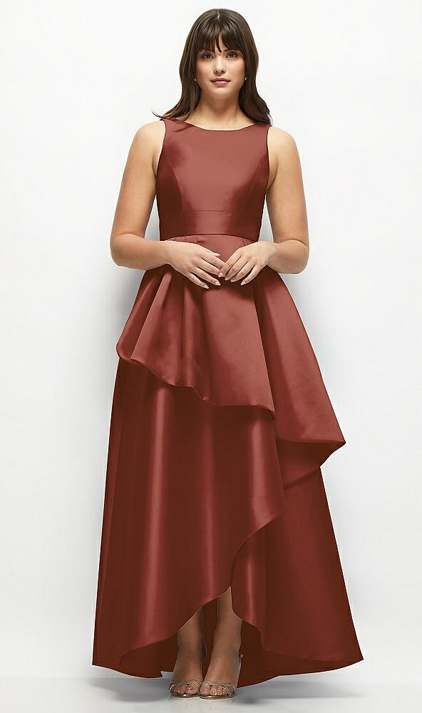 Front View - Auburn Moon Satin Maxi Dress with Asymmetrical Layered Ballgown Skirt