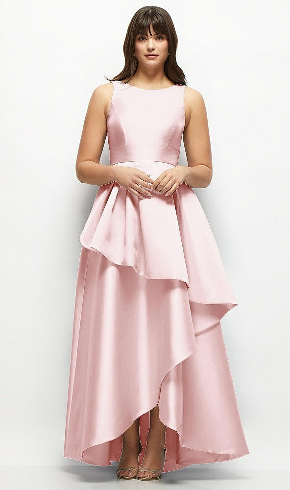 Front View - Ballet Pink Satin Maxi Dress with Asymmetrical Layered Ballgown Skirt