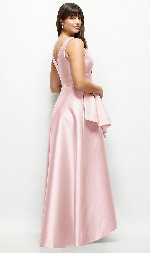 Back View - Ballet Pink Satin Maxi Dress with Asymmetrical Layered Ballgown Skirt