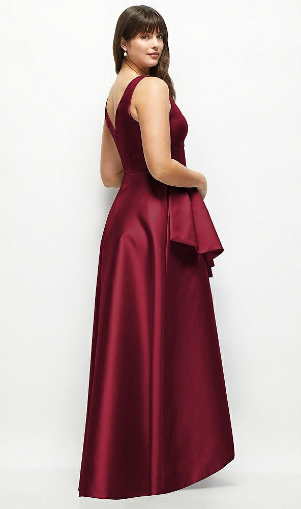 Back View - Burgundy Satin Maxi Dress with Asymmetrical Layered Ballgown Skirt