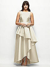Front View Thumbnail - Champagne Satin Maxi Dress with Asymmetrical Layered Ballgown Skirt
