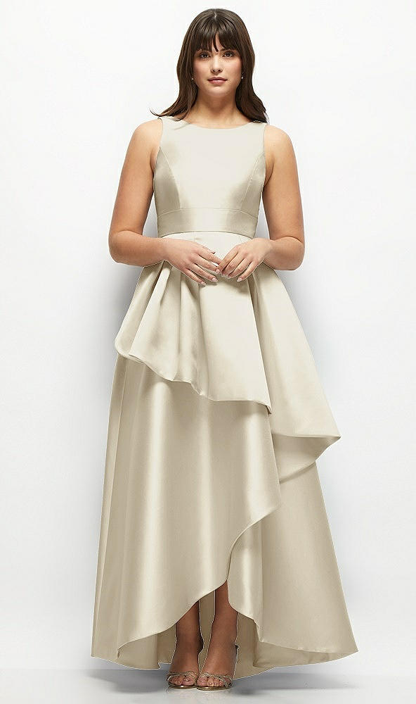 Front View - Champagne Satin Maxi Dress with Asymmetrical Layered Ballgown Skirt