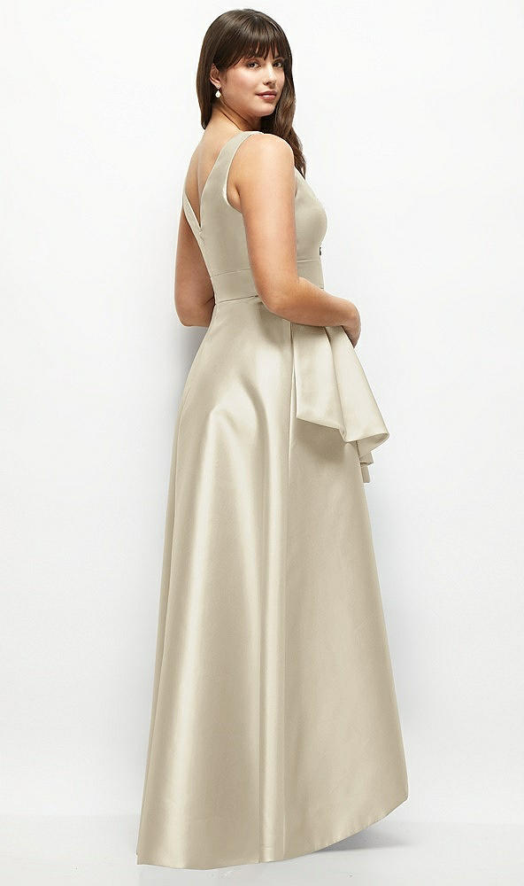 Back View - Champagne Satin Maxi Dress with Asymmetrical Layered Ballgown Skirt