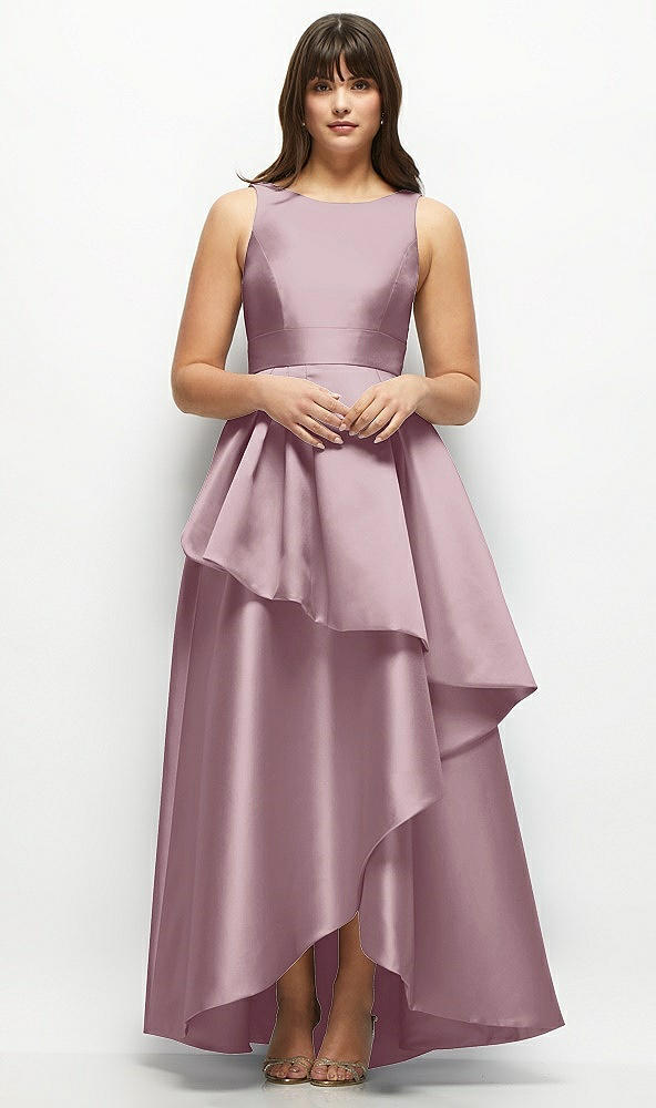 Front View - Dusty Rose Satin Maxi Dress with Asymmetrical Layered Ballgown Skirt