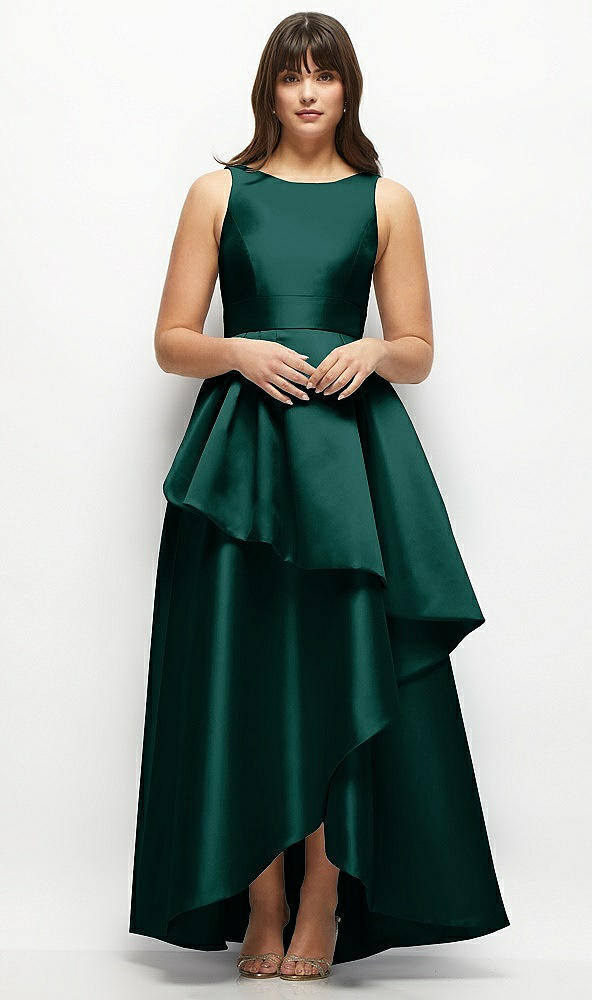 Front View - Evergreen Satin Maxi Dress with Asymmetrical Layered Ballgown Skirt