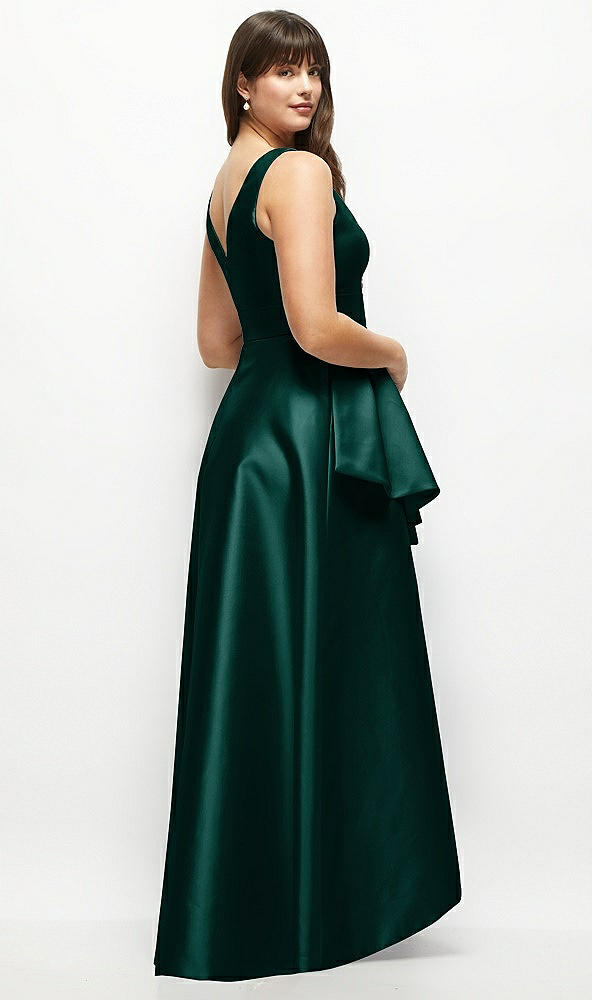 Back View - Evergreen Satin Maxi Dress with Asymmetrical Layered Ballgown Skirt