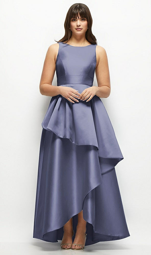 Front View - French Blue Satin Maxi Dress with Asymmetrical Layered Ballgown Skirt