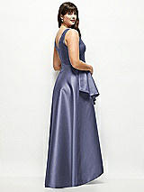 Rear View Thumbnail - French Blue Satin Maxi Dress with Asymmetrical Layered Ballgown Skirt