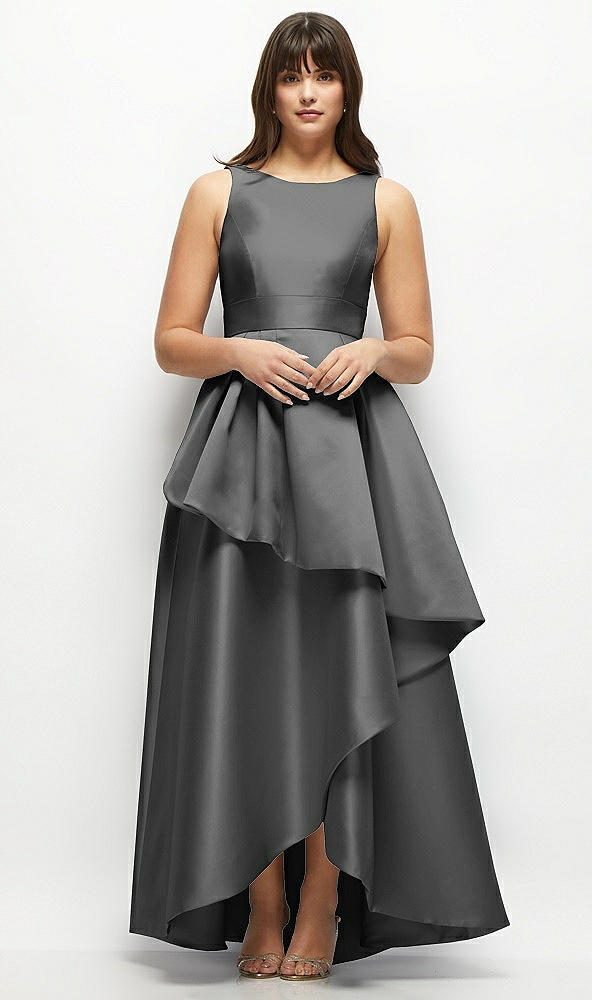 Front View - Gunmetal Satin Maxi Dress with Asymmetrical Layered Ballgown Skirt