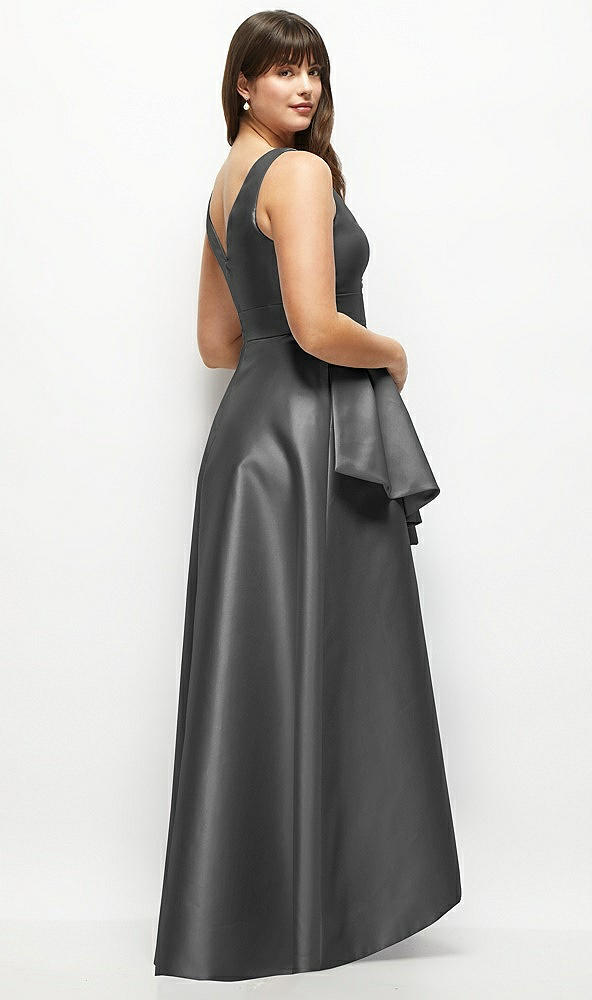 Back View - Gunmetal Satin Maxi Dress with Asymmetrical Layered Ballgown Skirt