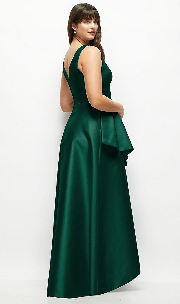 Back View - Hunter Green Satin Maxi Dress with Asymmetrical Layered Ballgown Skirt