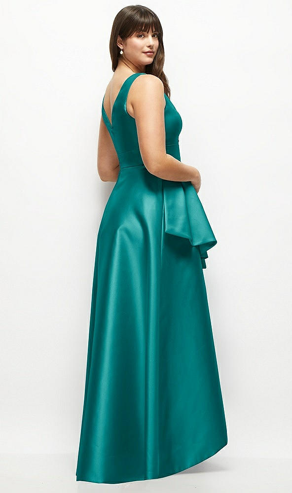Back View - Jade Satin Maxi Dress with Asymmetrical Layered Ballgown Skirt