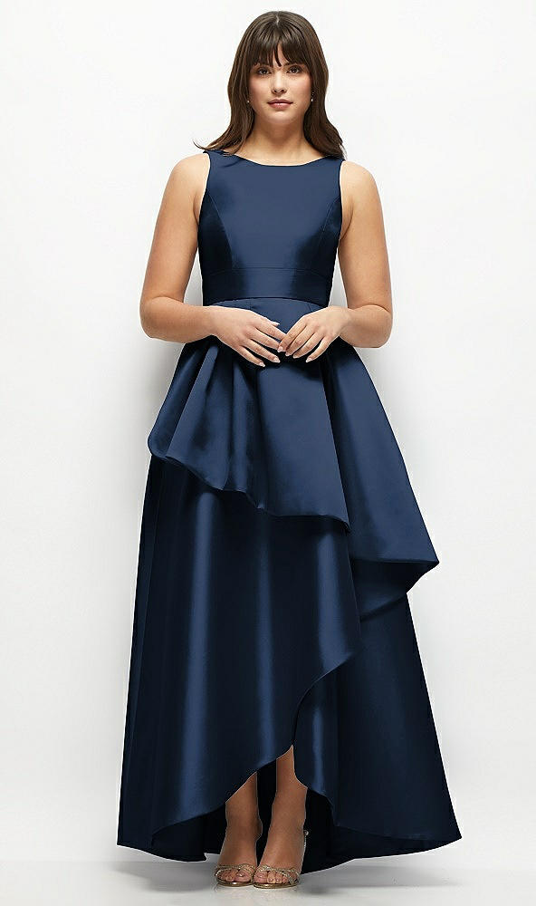 Front View - Midnight Navy Satin Maxi Dress with Asymmetrical Layered Ballgown Skirt
