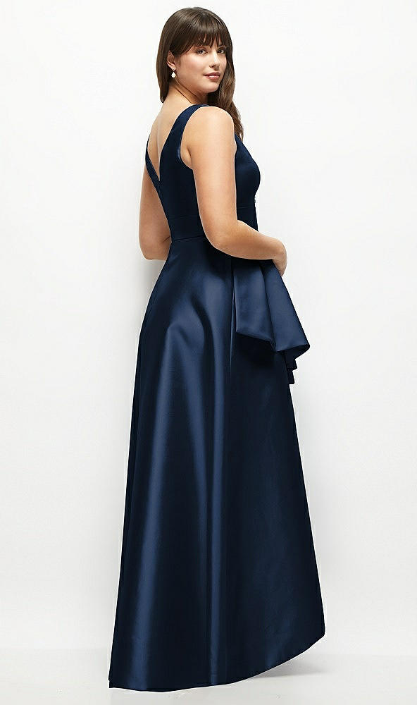 Back View - Midnight Navy Satin Maxi Dress with Asymmetrical Layered Ballgown Skirt