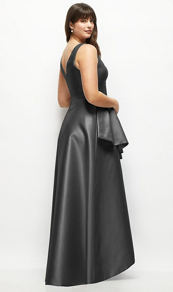 Back View - Pewter Satin Maxi Dress with Asymmetrical Layered Ballgown Skirt