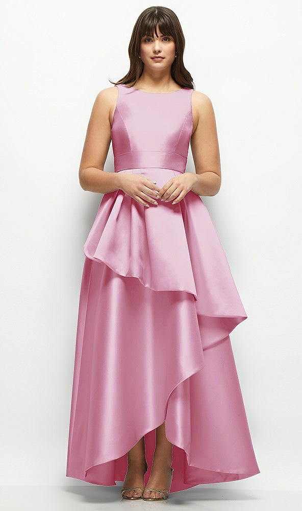 Front View - Powder Pink Satin Maxi Dress with Asymmetrical Layered Ballgown Skirt