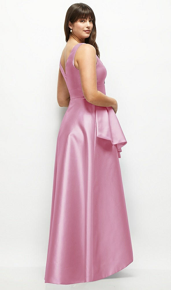 Back View - Powder Pink Satin Maxi Dress with Asymmetrical Layered Ballgown Skirt