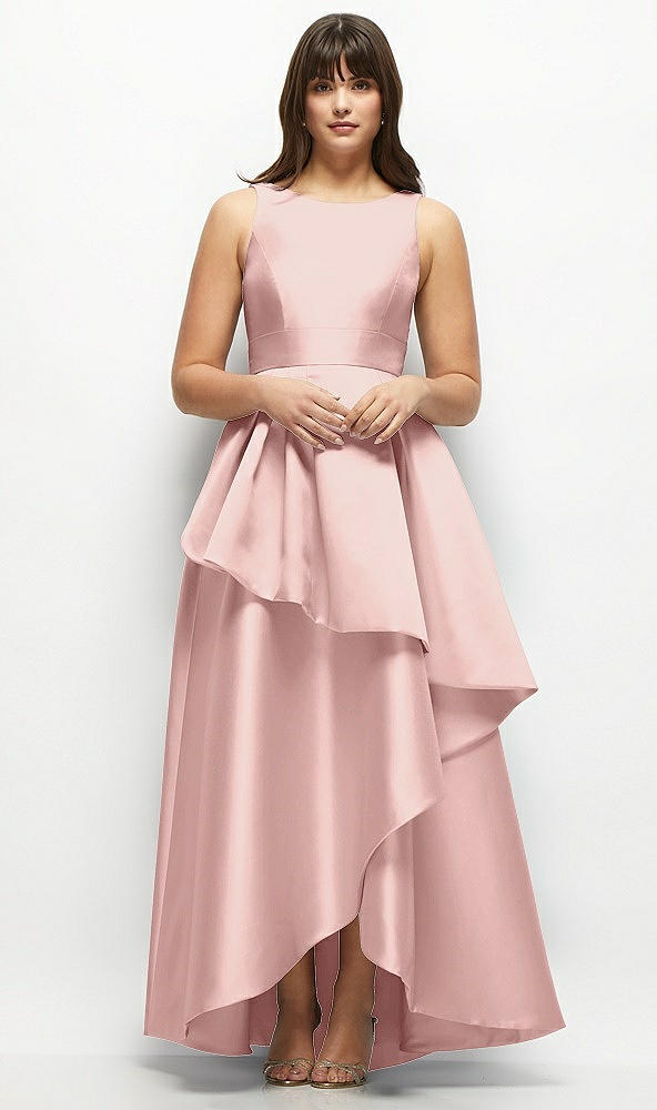 Front View - Rose - PANTONE Rose Quartz Satin Maxi Dress with Asymmetrical Layered Ballgown Skirt