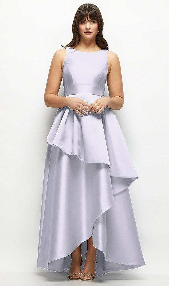 Front View - Silver Dove Satin Maxi Dress with Asymmetrical Layered Ballgown Skirt