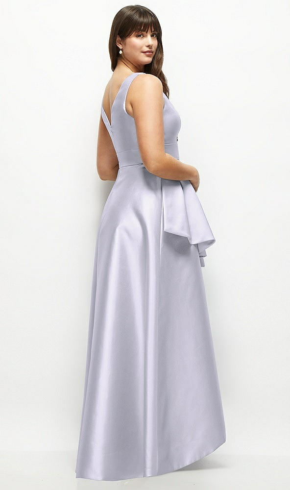 Back View - Silver Dove Satin Maxi Dress with Asymmetrical Layered Ballgown Skirt