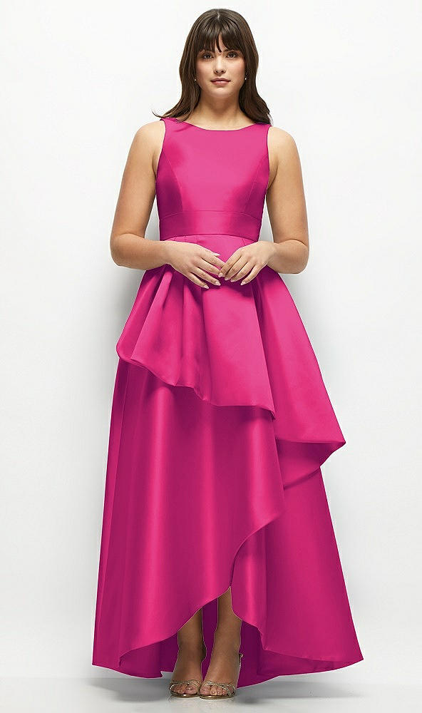Front View - Think Pink Satin Maxi Dress with Asymmetrical Layered Ballgown Skirt
