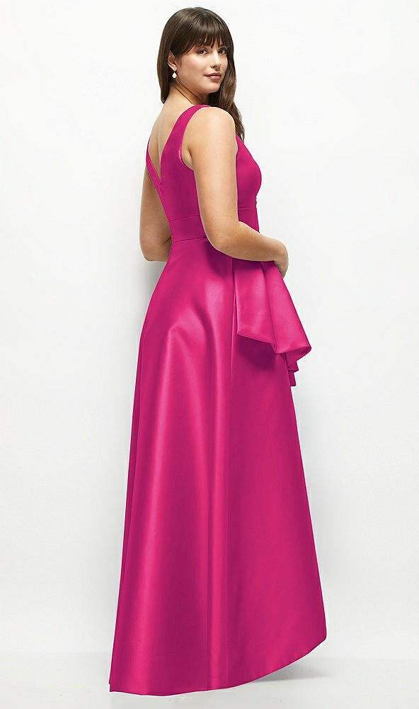 Back View - Think Pink Satin Maxi Dress with Asymmetrical Layered Ballgown Skirt