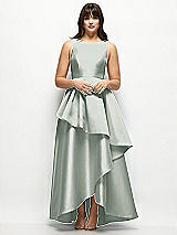 Front View Thumbnail - Willow Green Satin Maxi Dress with Asymmetrical Layered Ballgown Skirt