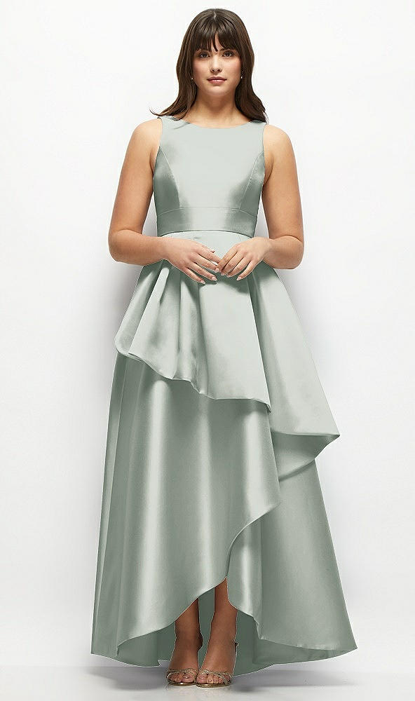 Front View - Willow Green Satin Maxi Dress with Asymmetrical Layered Ballgown Skirt