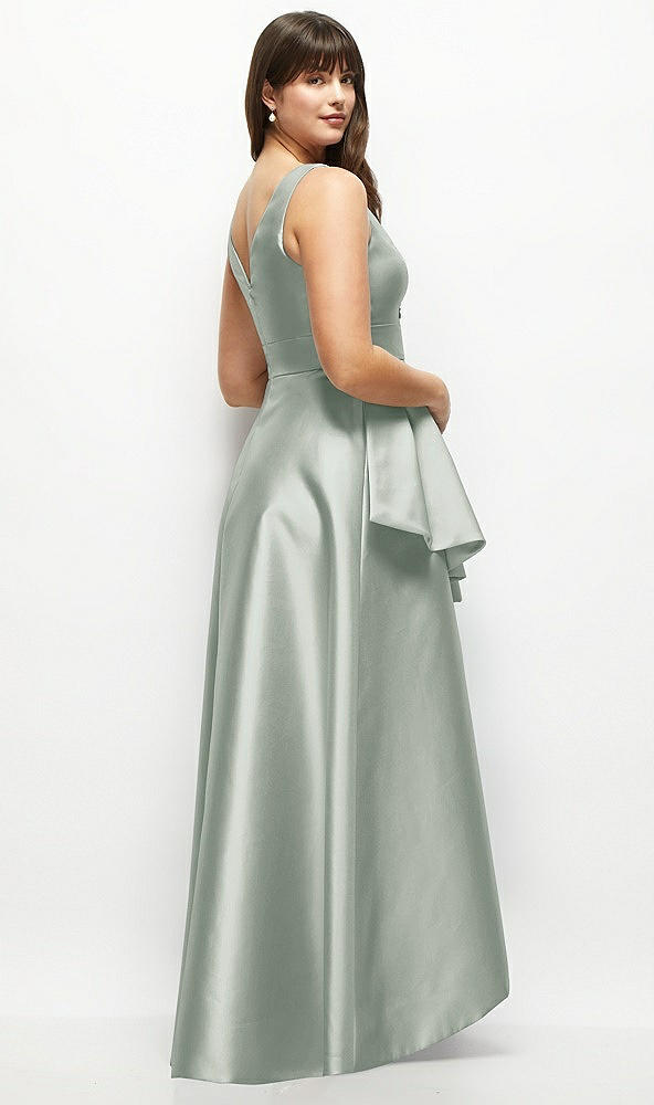 Back View - Willow Green Satin Maxi Dress with Asymmetrical Layered Ballgown Skirt