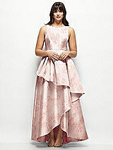 Front View Thumbnail - Bow And Blossom Print Floral Satin Maxi Dress with Asymmetrical Layered Ballgown Skirt