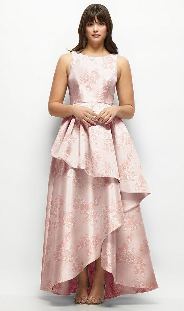 Front View - Bow And Blossom Print Floral Satin Maxi Dress with Asymmetrical Layered Ballgown Skirt