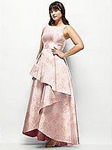 Side View Thumbnail - Bow And Blossom Print Floral Satin Maxi Dress with Asymmetrical Layered Ballgown Skirt
