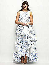 Front View Thumbnail - Cottage Rose Larkspur Floral Satin Maxi Dress with Asymmetrical Layered Ballgown Skirt