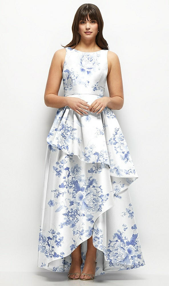 Front View - Cottage Rose Larkspur Floral Satin Maxi Dress with Asymmetrical Layered Ballgown Skirt