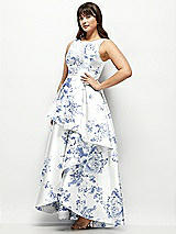 Side View Thumbnail - Cottage Rose Larkspur Floral Satin Maxi Dress with Asymmetrical Layered Ballgown Skirt