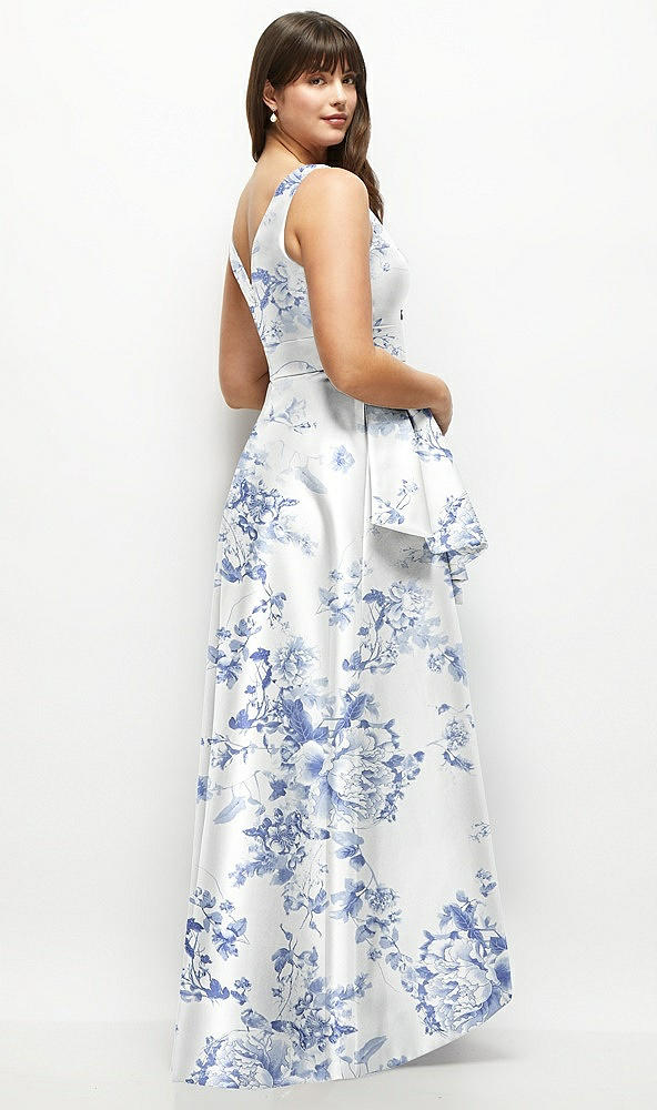 Back View - Cottage Rose Larkspur Floral Satin Maxi Dress with Asymmetrical Layered Ballgown Skirt