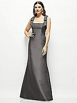 Front View Thumbnail - Caviar Gray Satin Fit and Flare Maxi Dress with Shoulder Bows