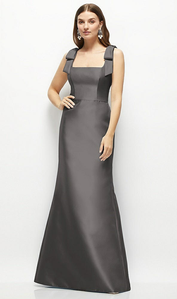 Front View - Caviar Gray Satin Fit and Flare Maxi Dress with Shoulder Bows