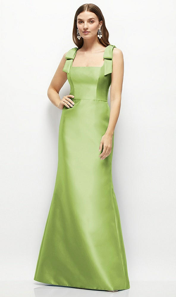 Front View - Mojito Satin Fit and Flare Maxi Dress with Shoulder Bows