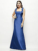 Front View Thumbnail - Classic Blue Satin Fit and Flare Maxi Dress with Shoulder Bows
