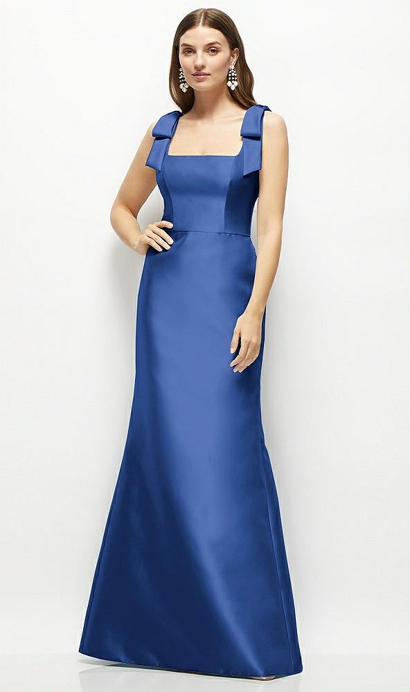 Front View - Classic Blue Satin Fit and Flare Maxi Dress with Shoulder Bows