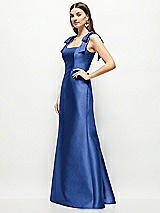 Side View Thumbnail - Classic Blue Satin Fit and Flare Maxi Dress with Shoulder Bows