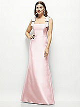 Front View Thumbnail - Ballet Pink Satin Fit and Flare Maxi Dress with Shoulder Bows
