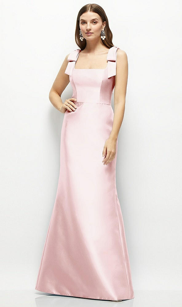 Front View - Ballet Pink Satin Fit and Flare Maxi Dress with Shoulder Bows