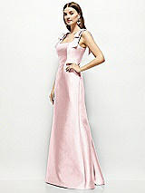 Side View Thumbnail - Ballet Pink Satin Fit and Flare Maxi Dress with Shoulder Bows
