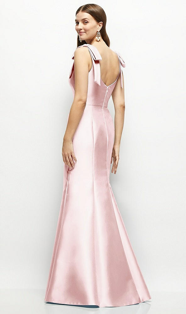 Back View - Ballet Pink Satin Fit and Flare Maxi Dress with Shoulder Bows