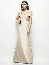 Front View Thumbnail - Champagne Satin Fit and Flare Maxi Dress with Shoulder Bows