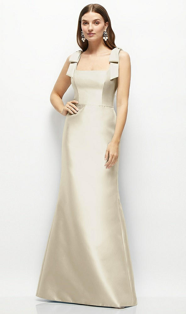 Front View - Champagne Satin Fit and Flare Maxi Dress with Shoulder Bows